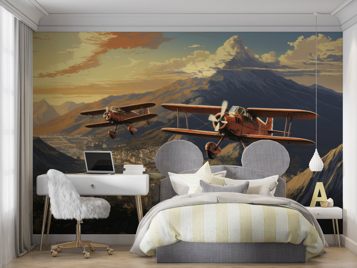 Living room accent wall with vintage aviation wallpaper in sunset colors