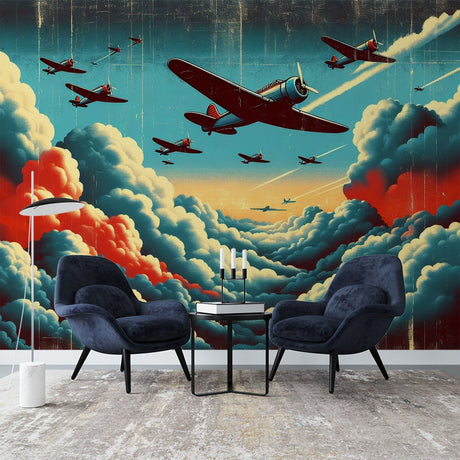 Vintage airplane wallpaper bringing adventure to a modern home office, with deep turquoise skies and golden sunset clouds
