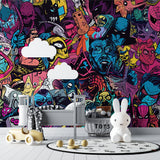 Vintage airplane wallpaper bringing adventure to a modern kids bedroom, red military aircraft against coastal backdrop