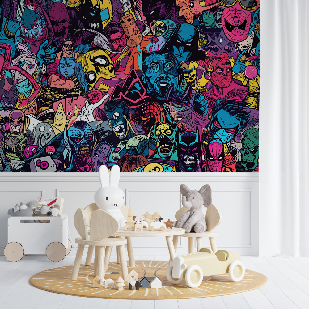 Vintage airplane mural creating statement wall in boy's bedroom with coastal scene