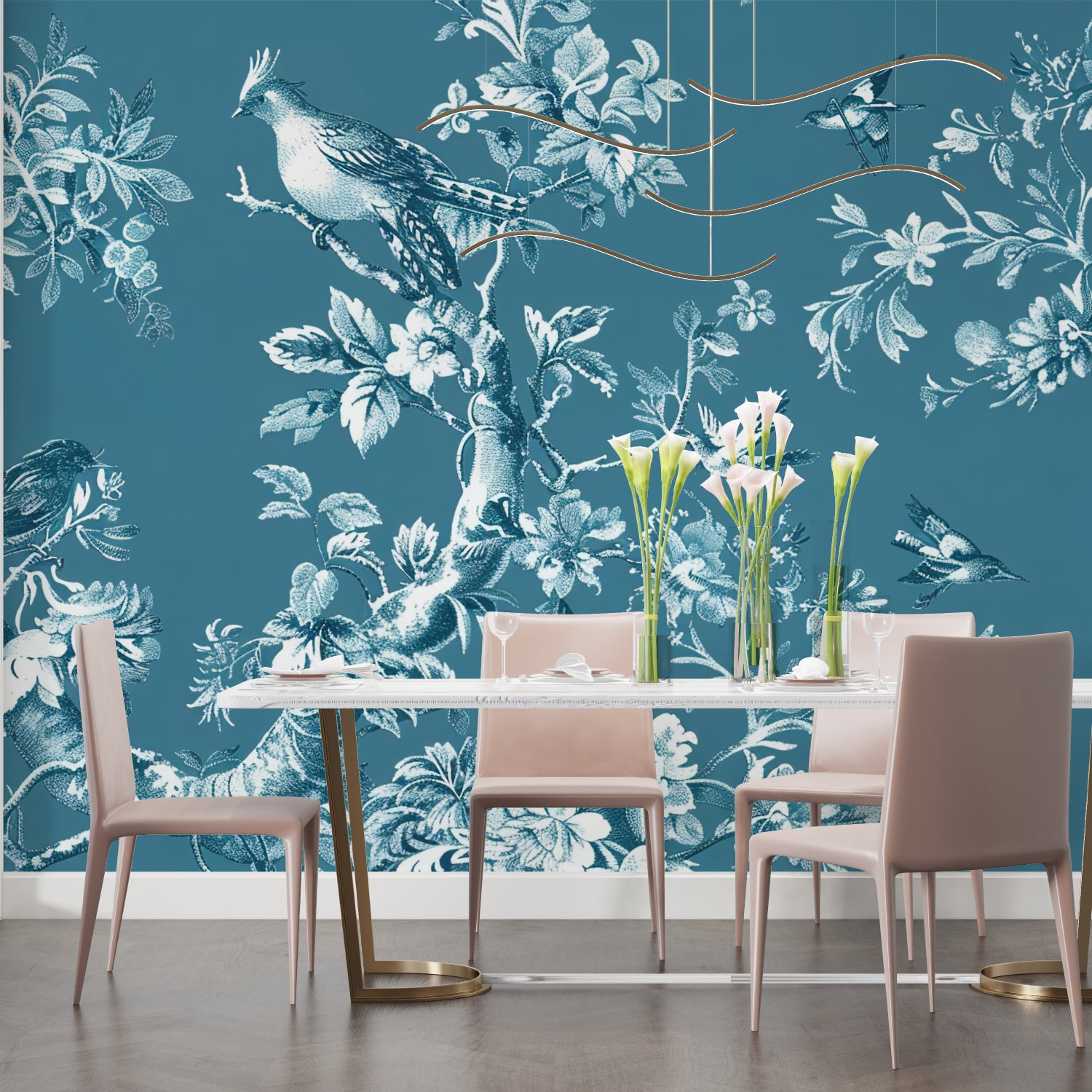 Blue bird wallpaper creating elegant atmosphere in dining room with crystal chandelier