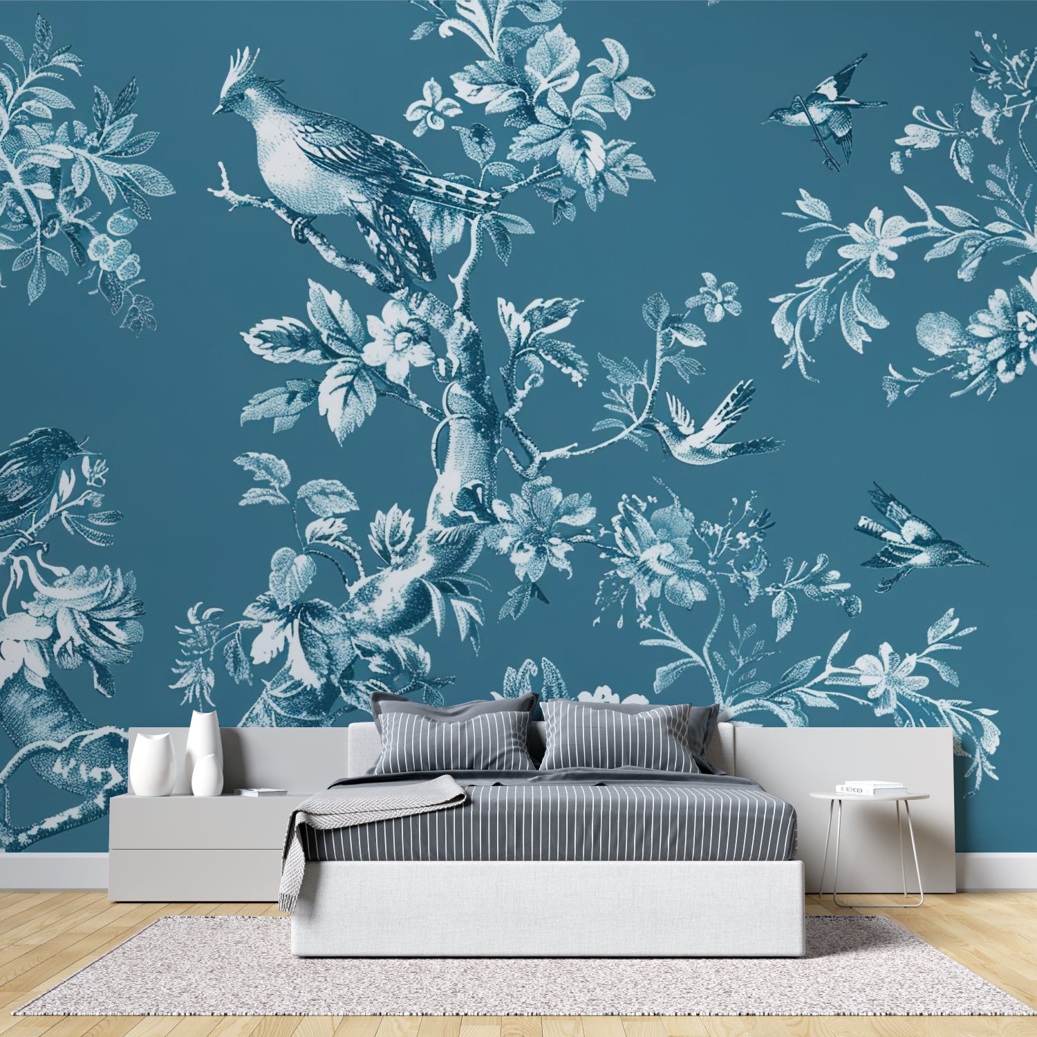 Bird pattern wallpaper adding charm to home office with modern furniture