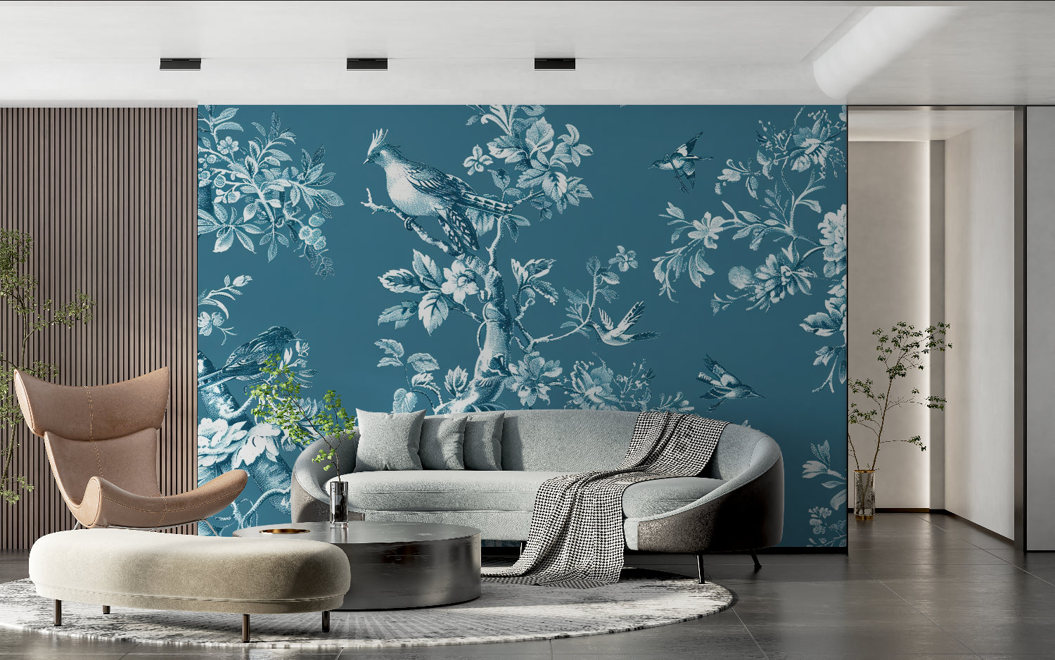 Blue vintage wallpaper in hallway showing full pattern scale