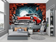 Vintage car wallpaper in modern living room showing 3D breaking effect through brick wall