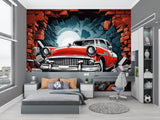 Vintage car wallpaper in modern living room showing 3D breaking effect through brick wall