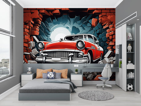 Vintage car wallpaper in modern living room showing 3D breaking effect through brick wall