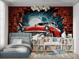 Classic car mural displayed in teen bedroom with red accents