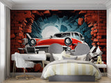 3D car wallpaper creating focal point in game room setting