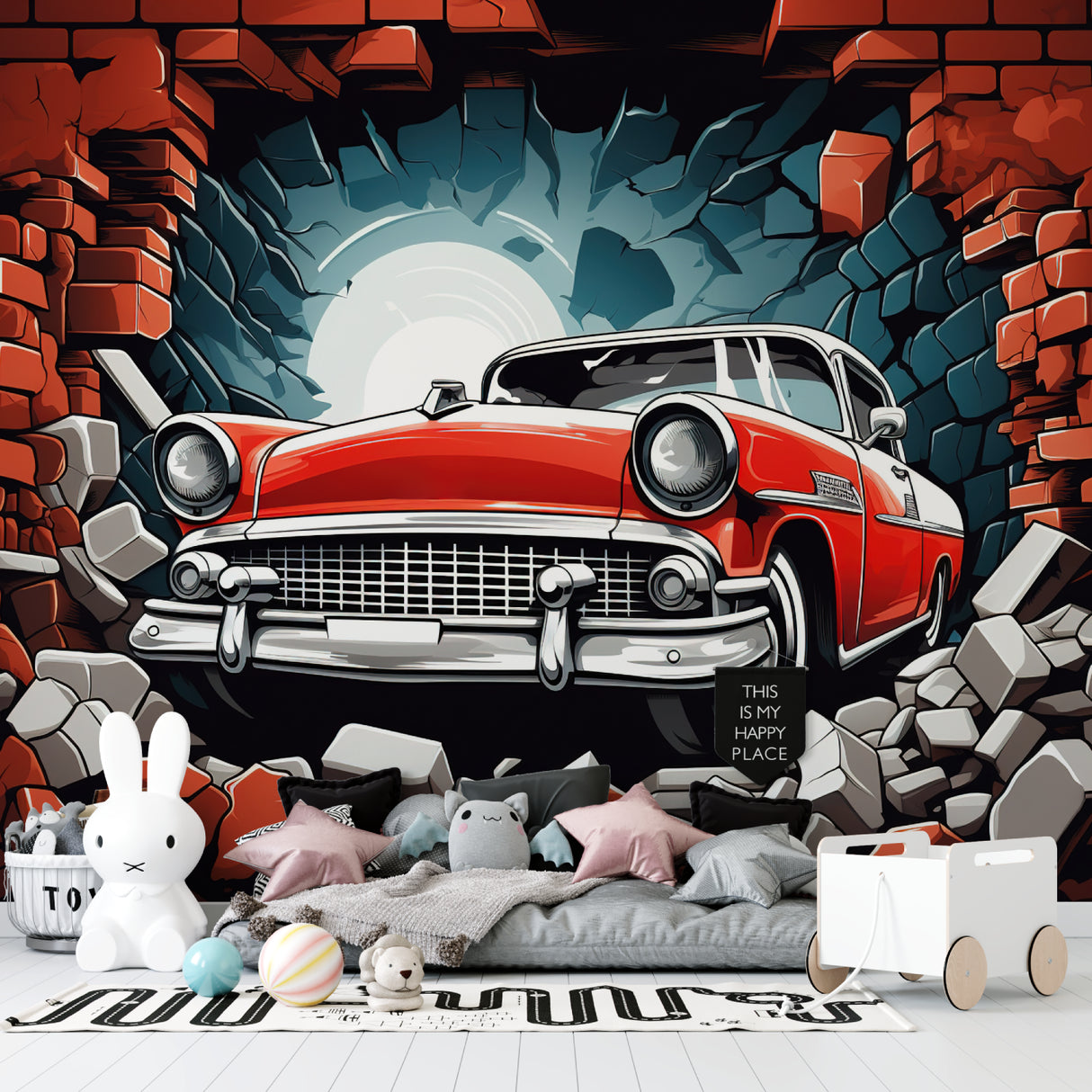 Vintage automobile design showcased in home office with brick effect