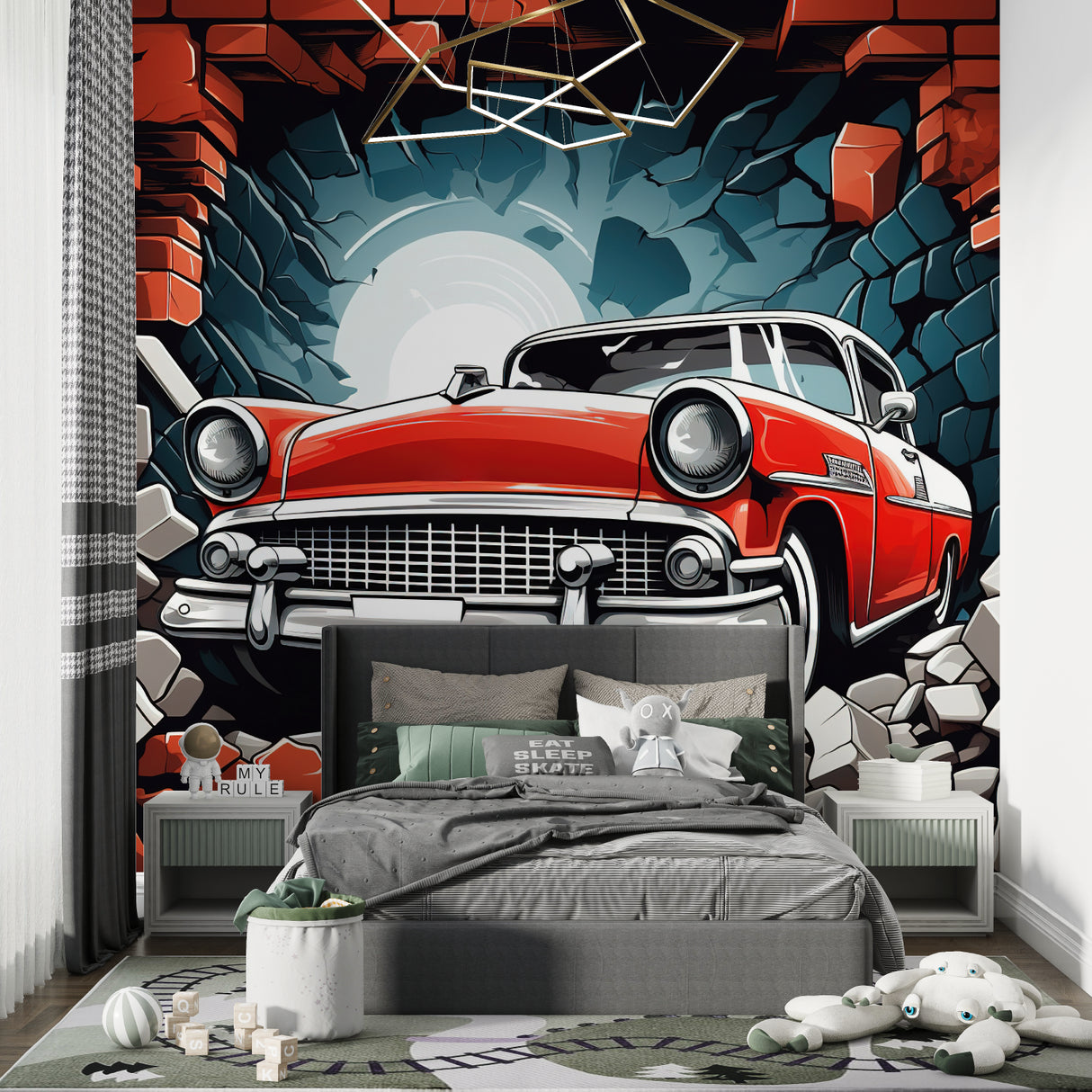 Retro car mural installation in man cave with dramatic lighting