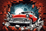 Classic red car breaking through brick wall design file showing detailed pattern