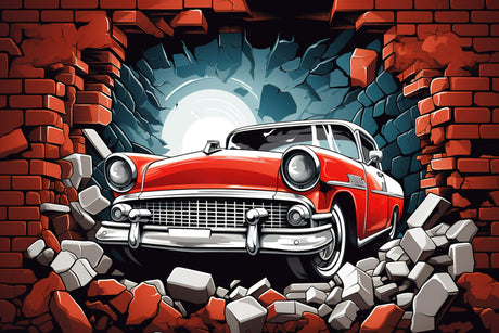 Classic red car breaking through brick wall design file showing detailed pattern
