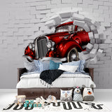3D Vintage Car Mural transforms modern living room with dramatic red classic automobile breaking through wall