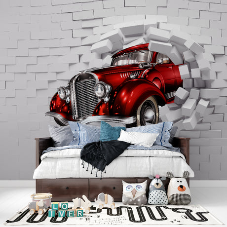 3D Vintage Car Mural transforms modern living room with dramatic red classic automobile breaking through wall