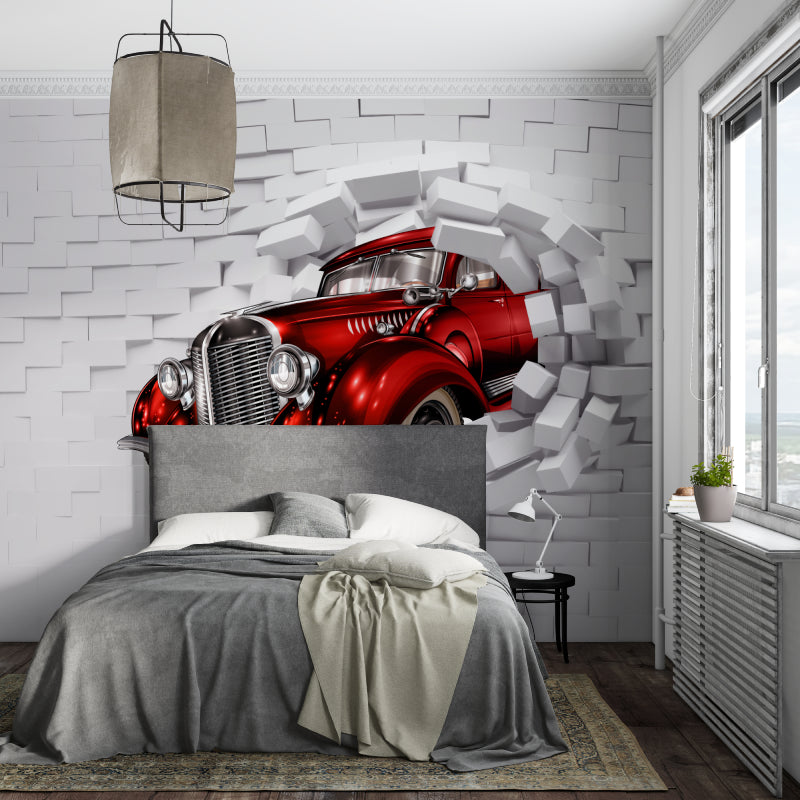 Vintage Car Wallpaper brings drama to dining room with 3D breaking wall effect