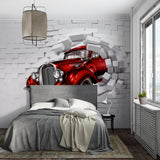 Vintage Car Wallpaper brings drama to dining room with 3D breaking wall effect