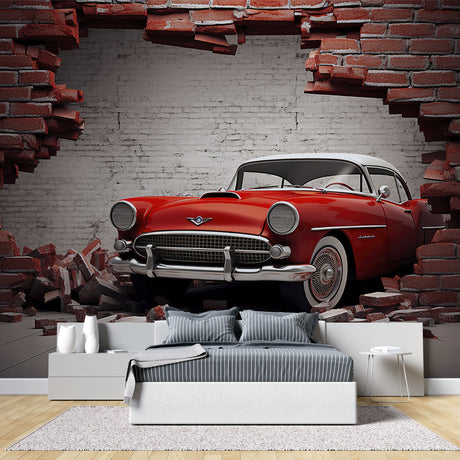 Vintage car wallpaper mural showcased in a modern living room, red classic car breaking through brick wall