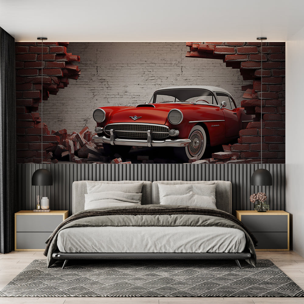 3D car wallpaper installed in a stylish garage, featuring vintage red automobile