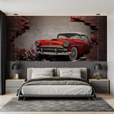 3D car wallpaper installed in a stylish garage, featuring vintage red automobile