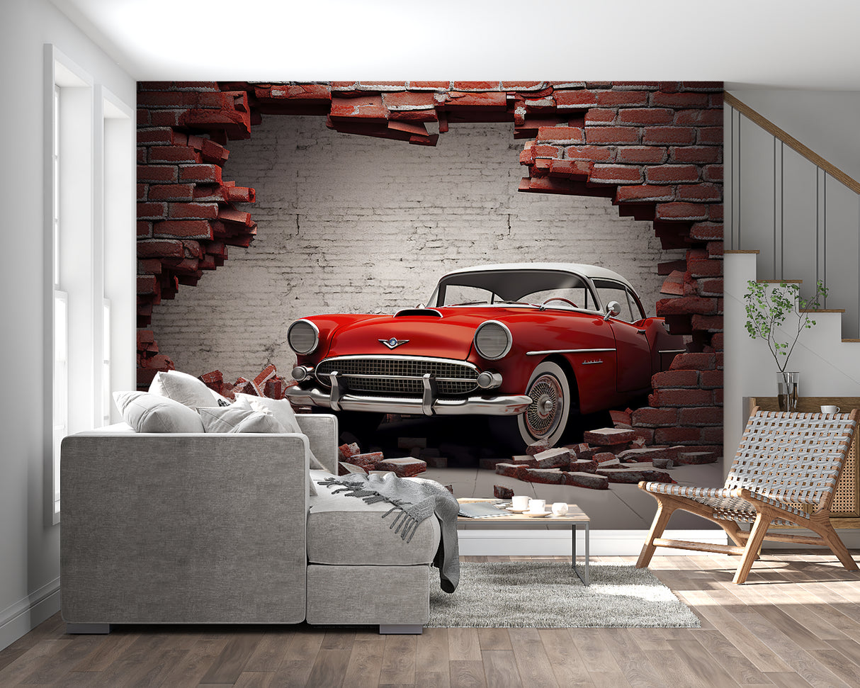 Classic car mural creating dramatic effect in man cave space