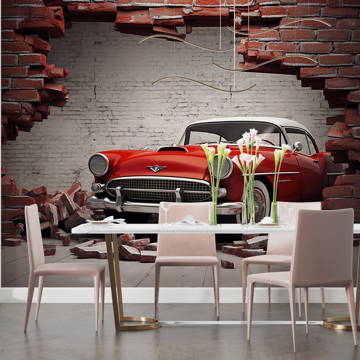 Red vintage car wallpaper making statement in office meeting room