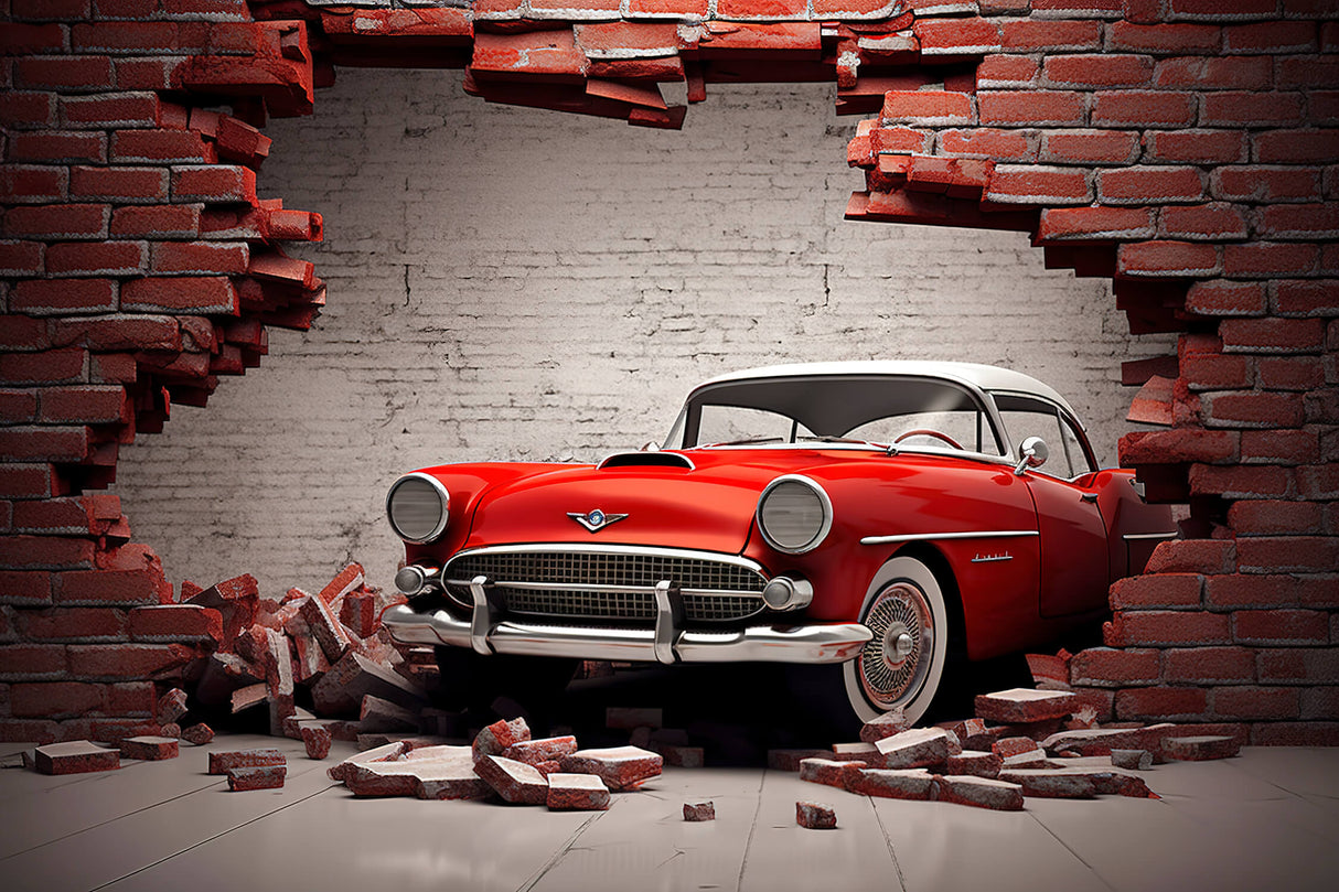 Design file of red classic car breaking through brick wall pattern