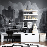 Vintage car wallpaper in modern living room showing black and white urban scene with classic automobile