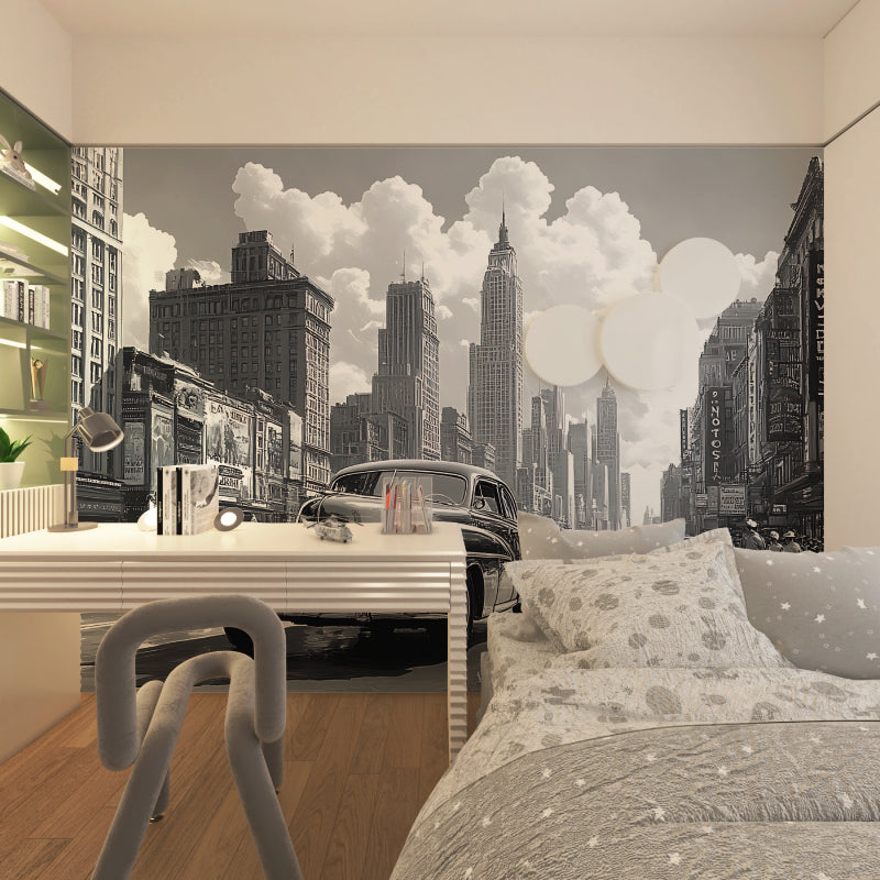 Black and white vintage car mural in home office with Art Deco architecture background