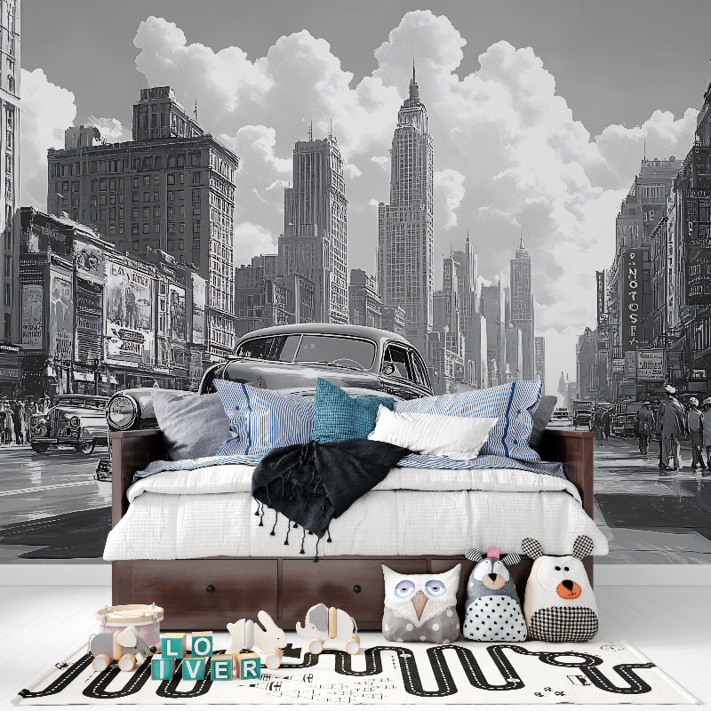 Retro car wallpaper installation in dining room showing dramatic city backdrop