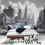 Retro car wallpaper installation in dining room showing dramatic city backdrop
