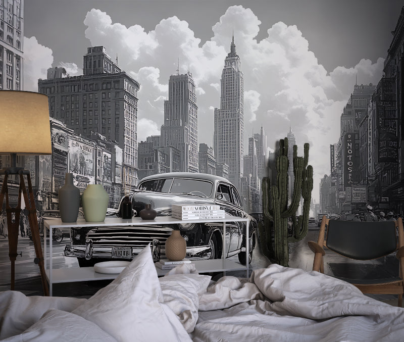 Classic car mural creating statement wall in master bedroom with monochrome theme
