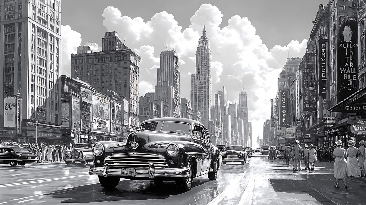 Vintage car and city scene wallpaper design file showing detailed black and white pattern