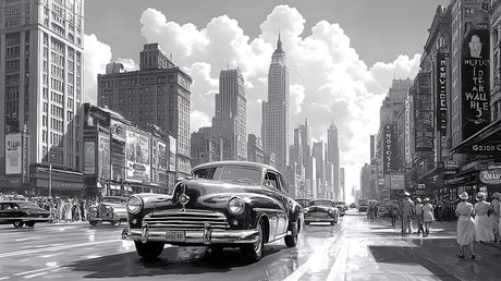 Vintage car and city scene wallpaper design file showing detailed black and white pattern