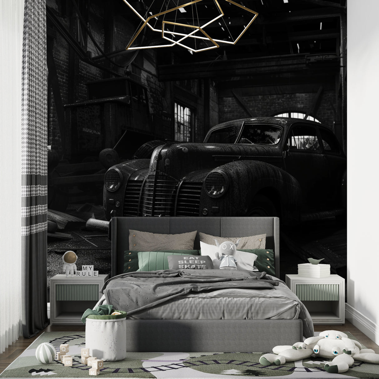 Classic car mural installation in industrial style office space