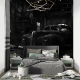 Classic car mural installation in industrial style office space