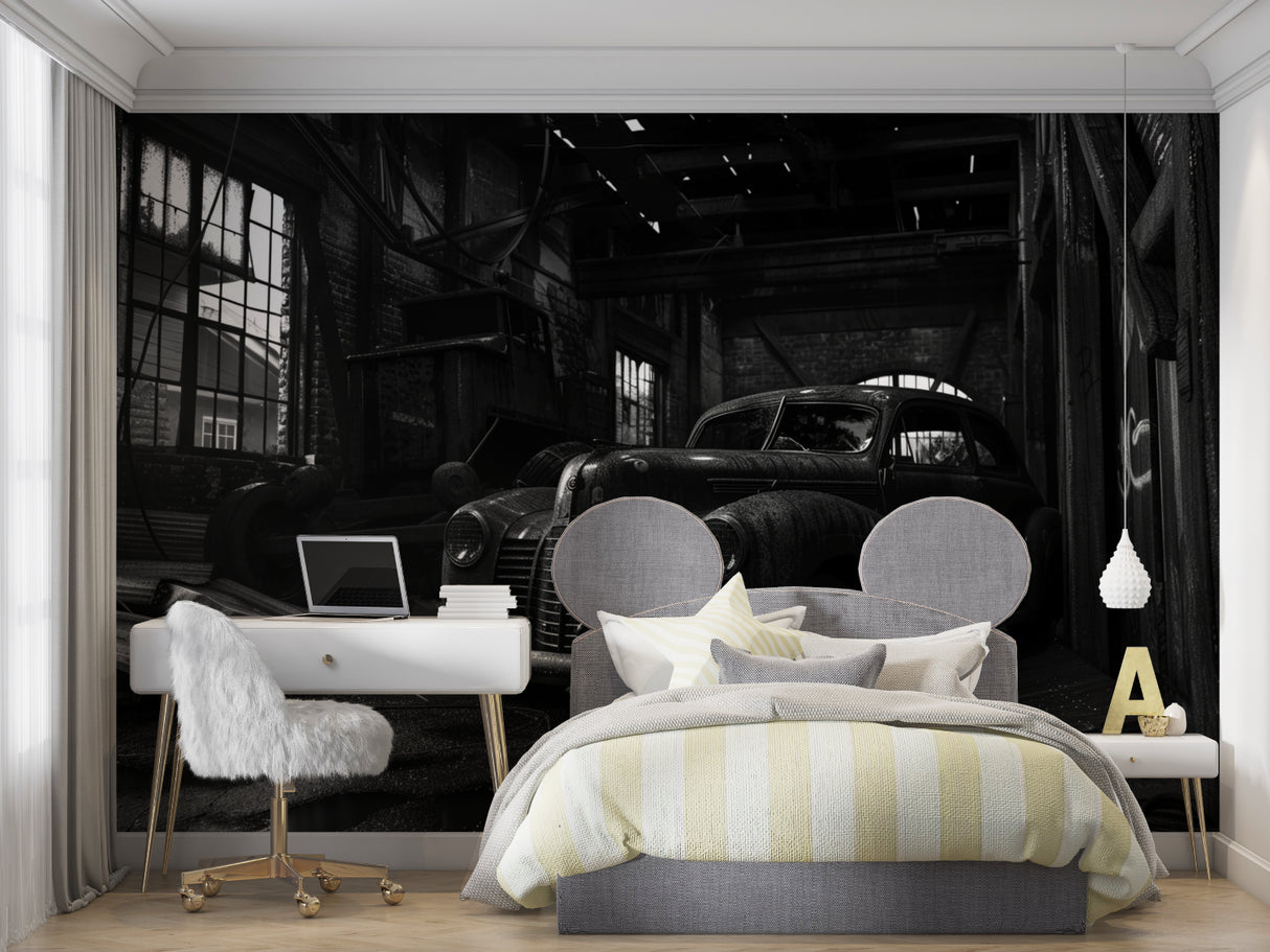 Black and white vintage car wallpaper in contemporary dining room