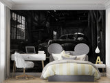 Black and white vintage car wallpaper in contemporary dining room
