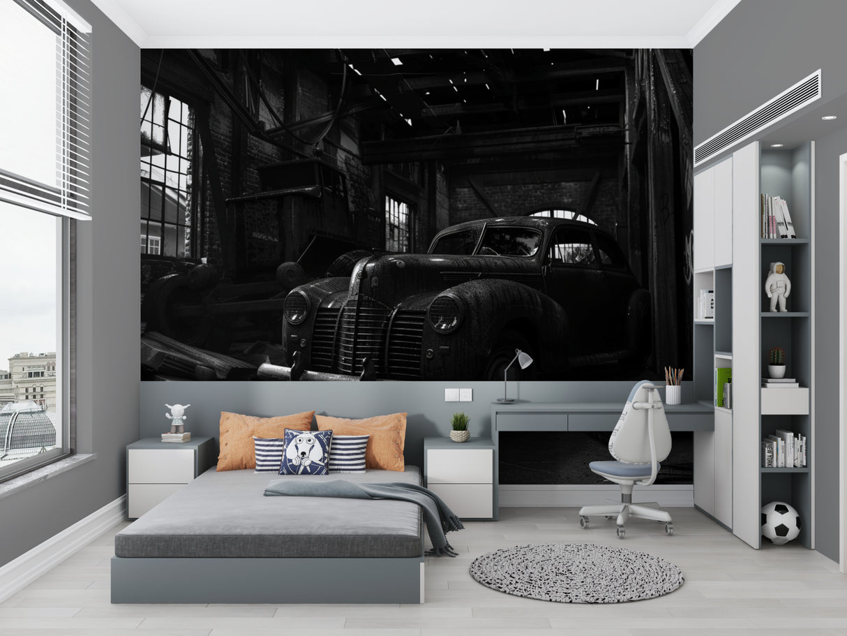 Industrial style car mural in urban loft bedroom setting