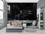 Industrial style car mural in urban loft bedroom setting