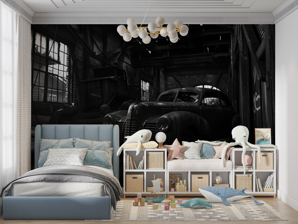 Monochrome vintage car wall mural in modern home entrance