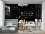 Monochrome vintage car wall mural in modern home entrance