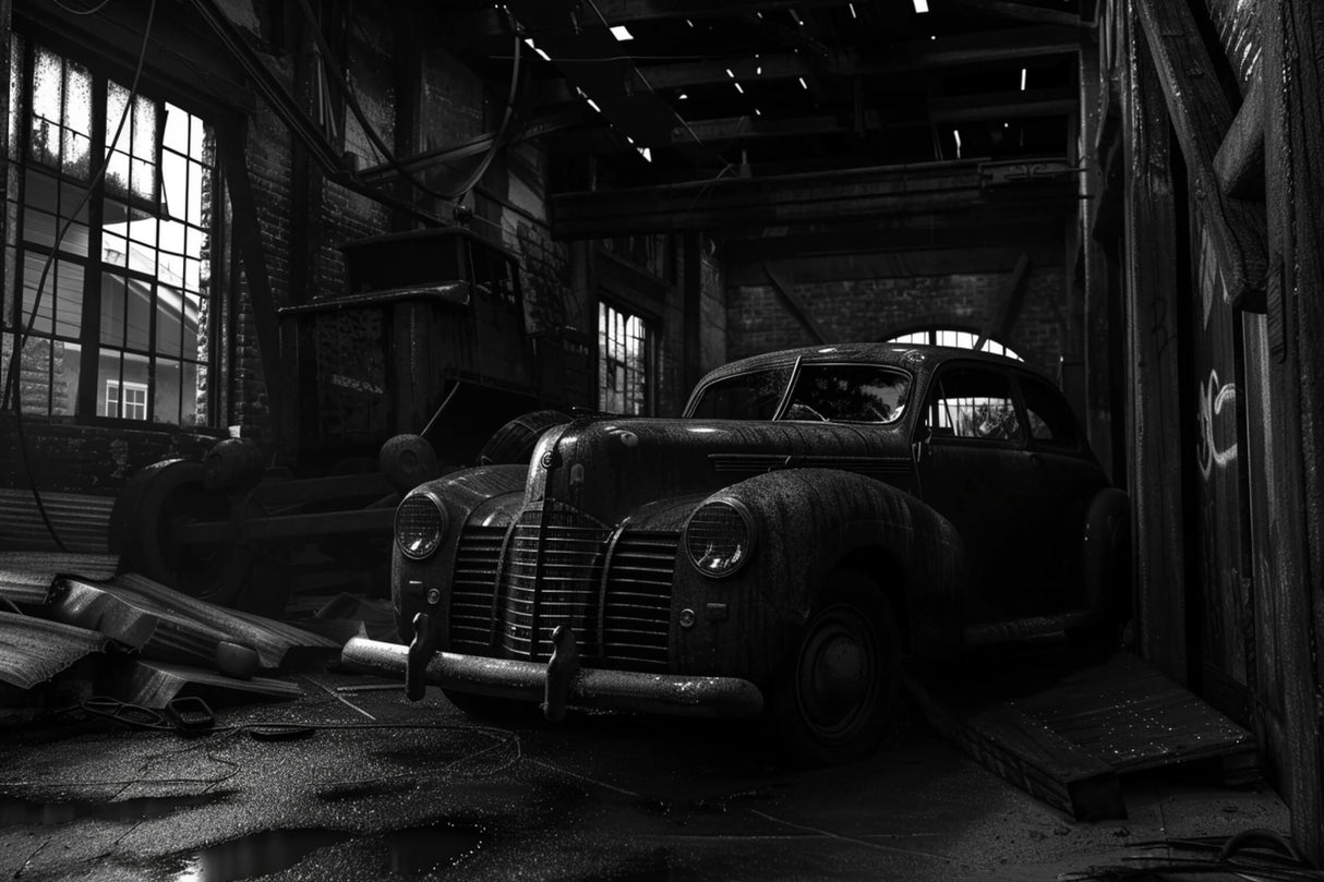 Vintage car wallpaper design file showing detailed black and white industrial pattern