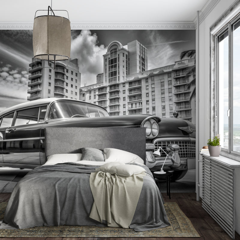 Vintage car wallpaper creating striking focal point in modern living room with Art Deco elements