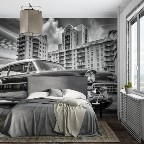 Vintage car wallpaper creating striking focal point in modern living room with Art Deco elements