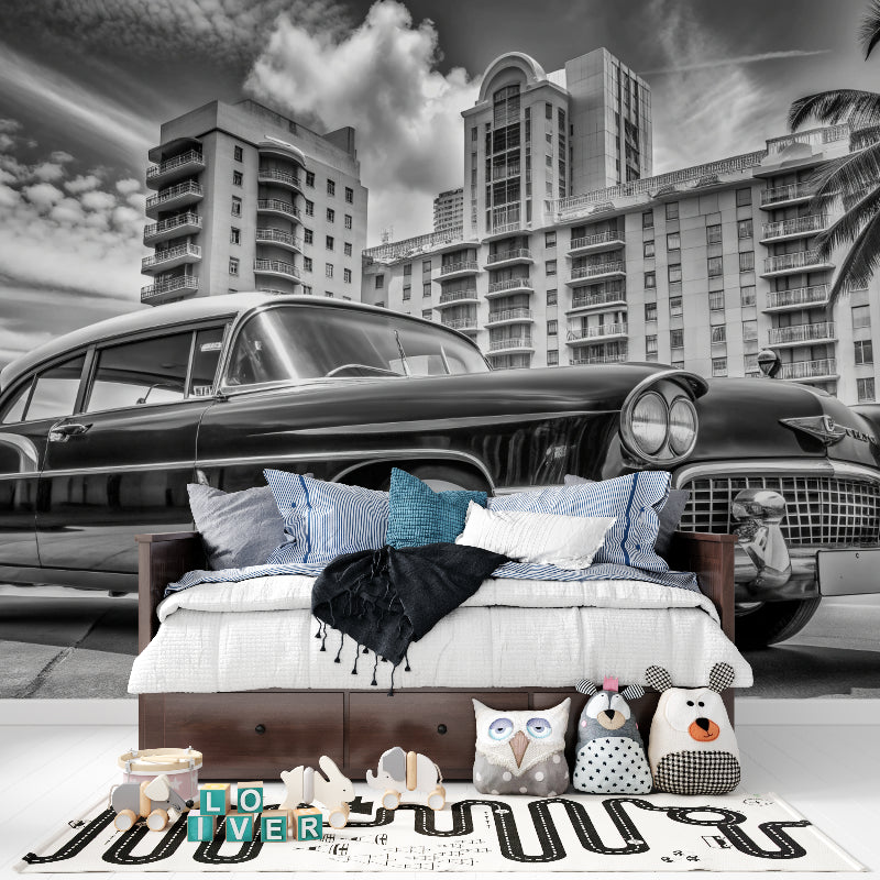 Black and white Miami mural adding drama to contemporary dining space