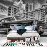 Black and white Miami mural adding drama to contemporary dining space