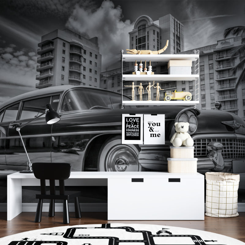Art Deco car wallpaper making statement in boutique hotel lobby
