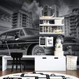 Art Deco car wallpaper making statement in boutique hotel lobby