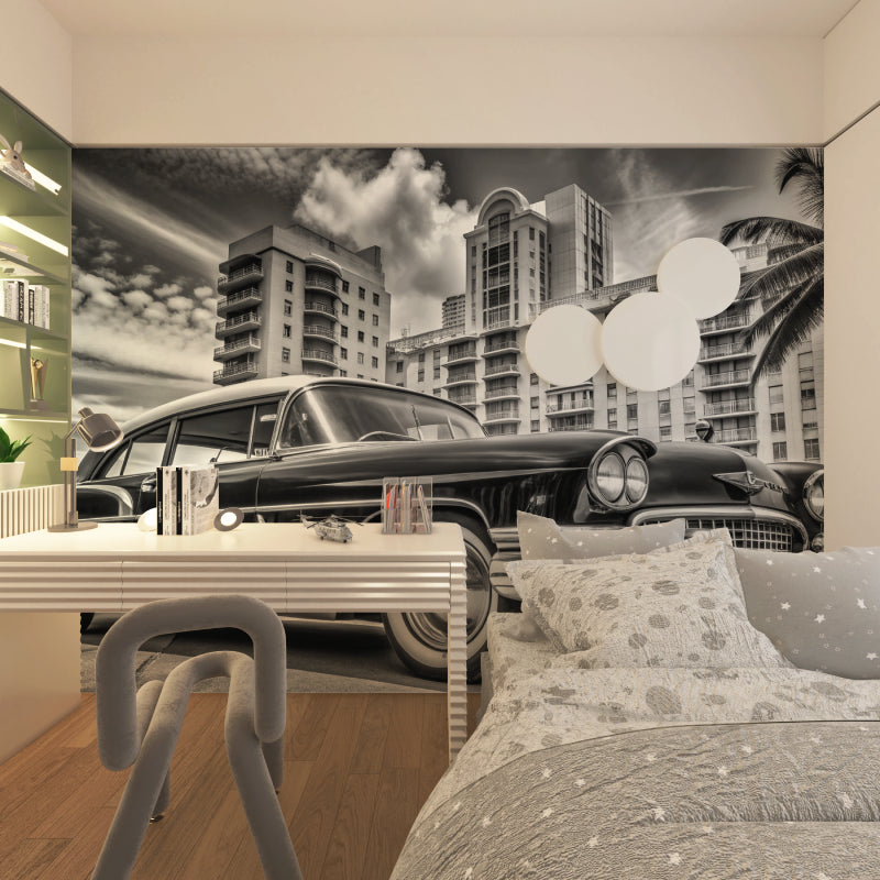 Retro car mural bringing character to upscale restaurant wall