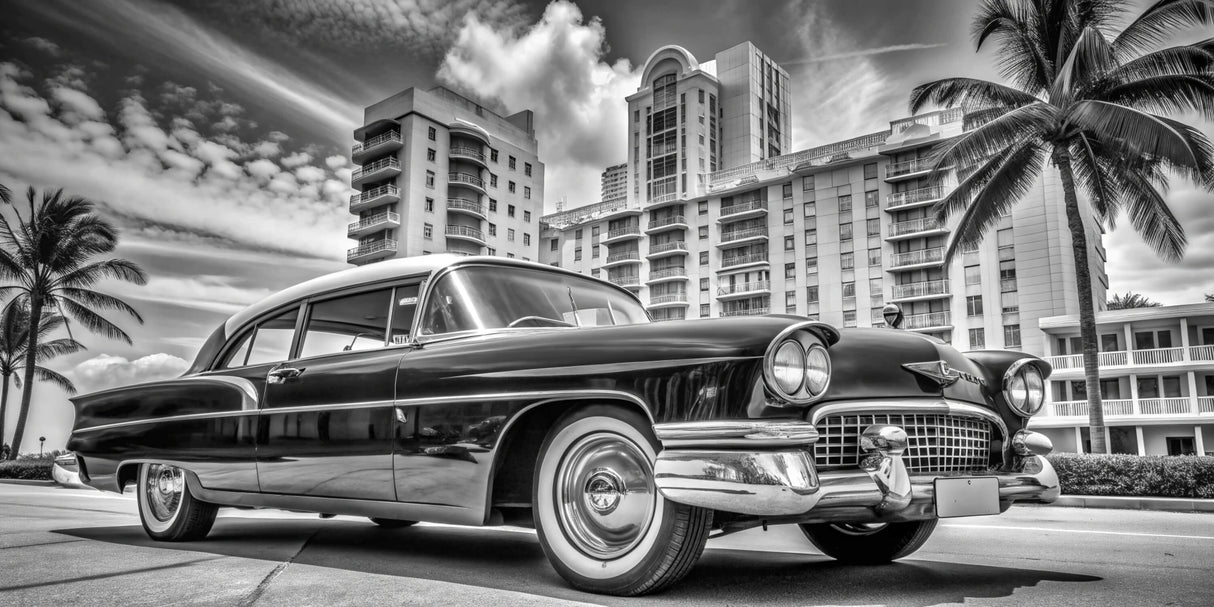 Design file showing detailed black and white vintage car pattern with Miami architecture